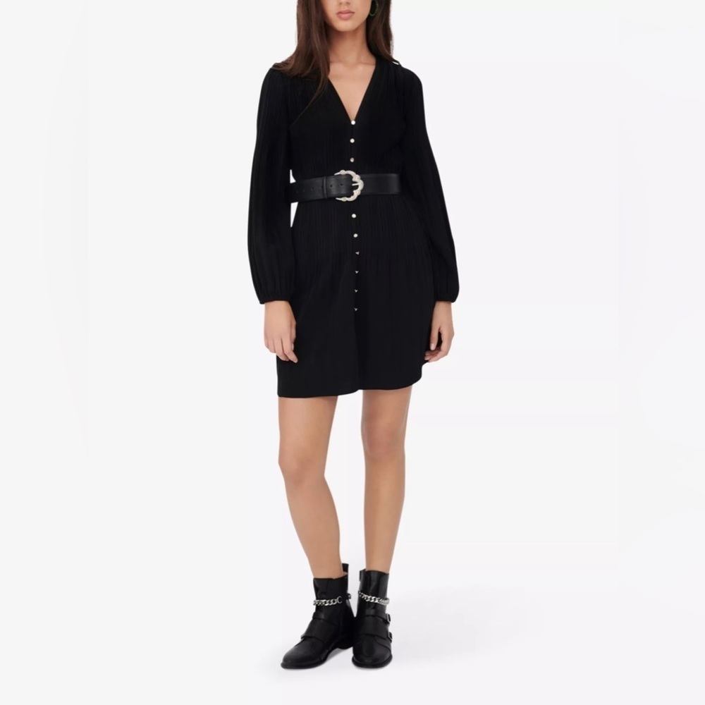 Maje Rochanie Pleated Belted Dress Black Long Sleeve A-Line Fr 38 US Medium